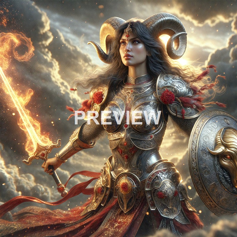 A fantasy-style female warrior with ram horns, clad in ornate silver armor, holding a flaming sword and shield, standing against a dramatic cloudy sky with a glowing sunset.